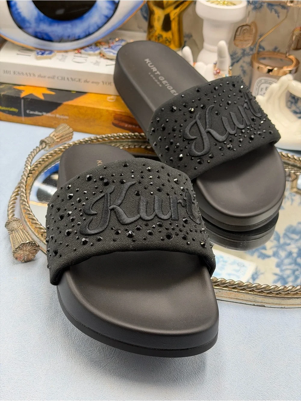 🆕 KURT GEIGER LONDON 🧿 NWOB Brockwell Black Embroidered Logo KURT Slide Sandal